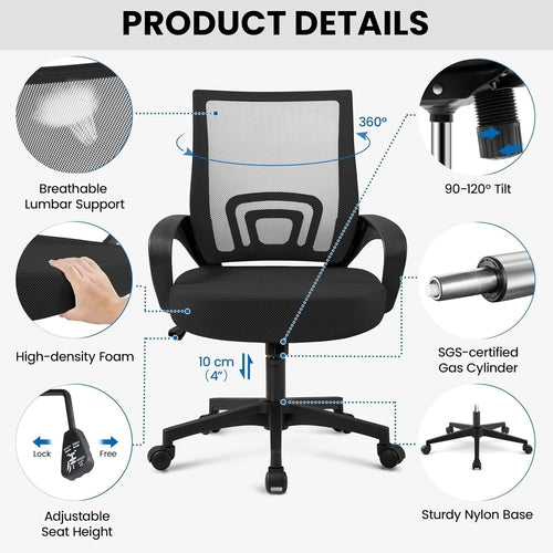 Office Chair Mid Back Swivel Lumbar Support Desk Chair, Height
