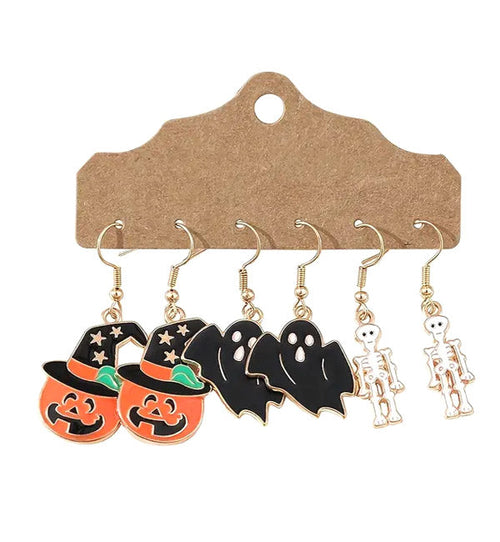 Halloween-themed earrings.  three pairs of earrings: one pair with